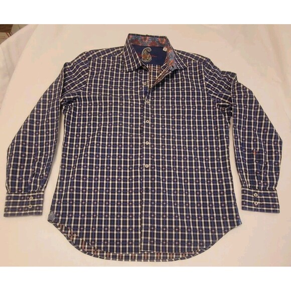 Robert Graham Mens XL Blue Plaid Button Down Shirt Long Sleeve Roll Cuff